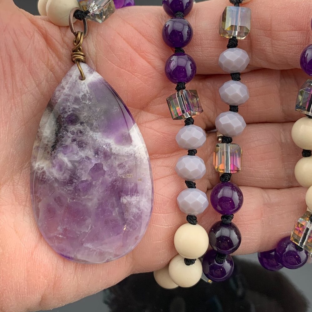 Amethyst Stone Teardrop Stone & Glass Beads Long Necklace Boho J890 - Picture 10 of 10